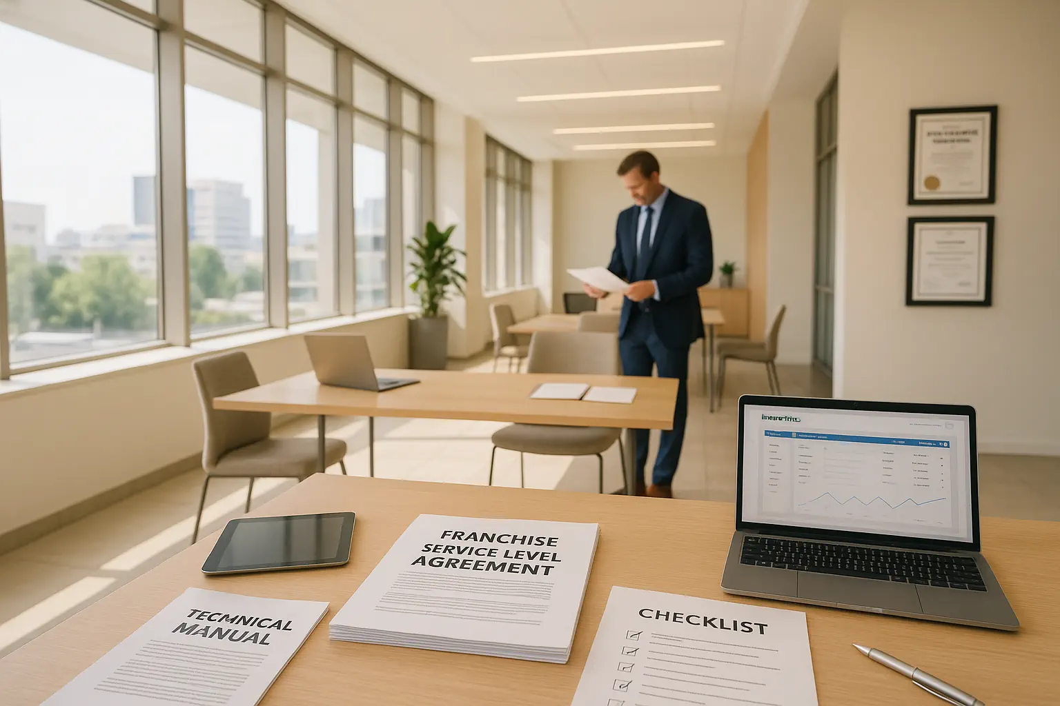 Oficina moderna en la sede de una franquicia mexicana donde un profesional revisa documentos clave de asistencia técnica, reflejando la importancia del soporte continuo y los acuerdos formales en el éxito de las franquicias