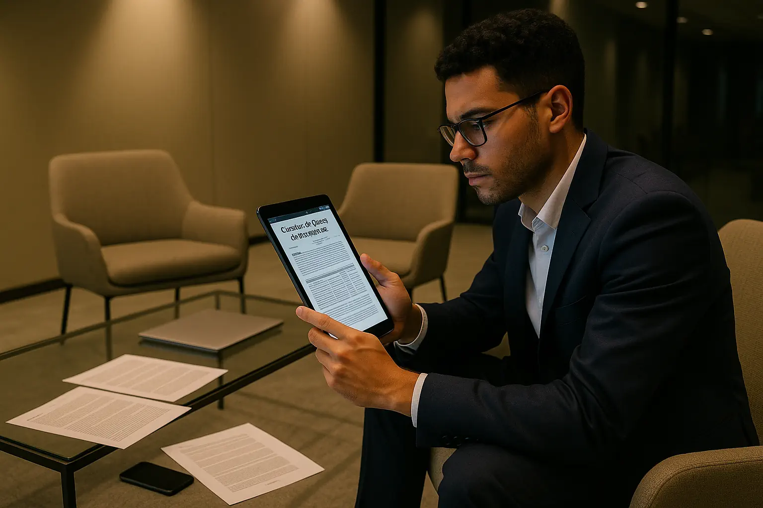 A young professional carefully reviews a detailed Circular de Oferta de Franquicia PDF in a modern office, reflecting the critical step of evaluating franchise offer documents before making business decisions