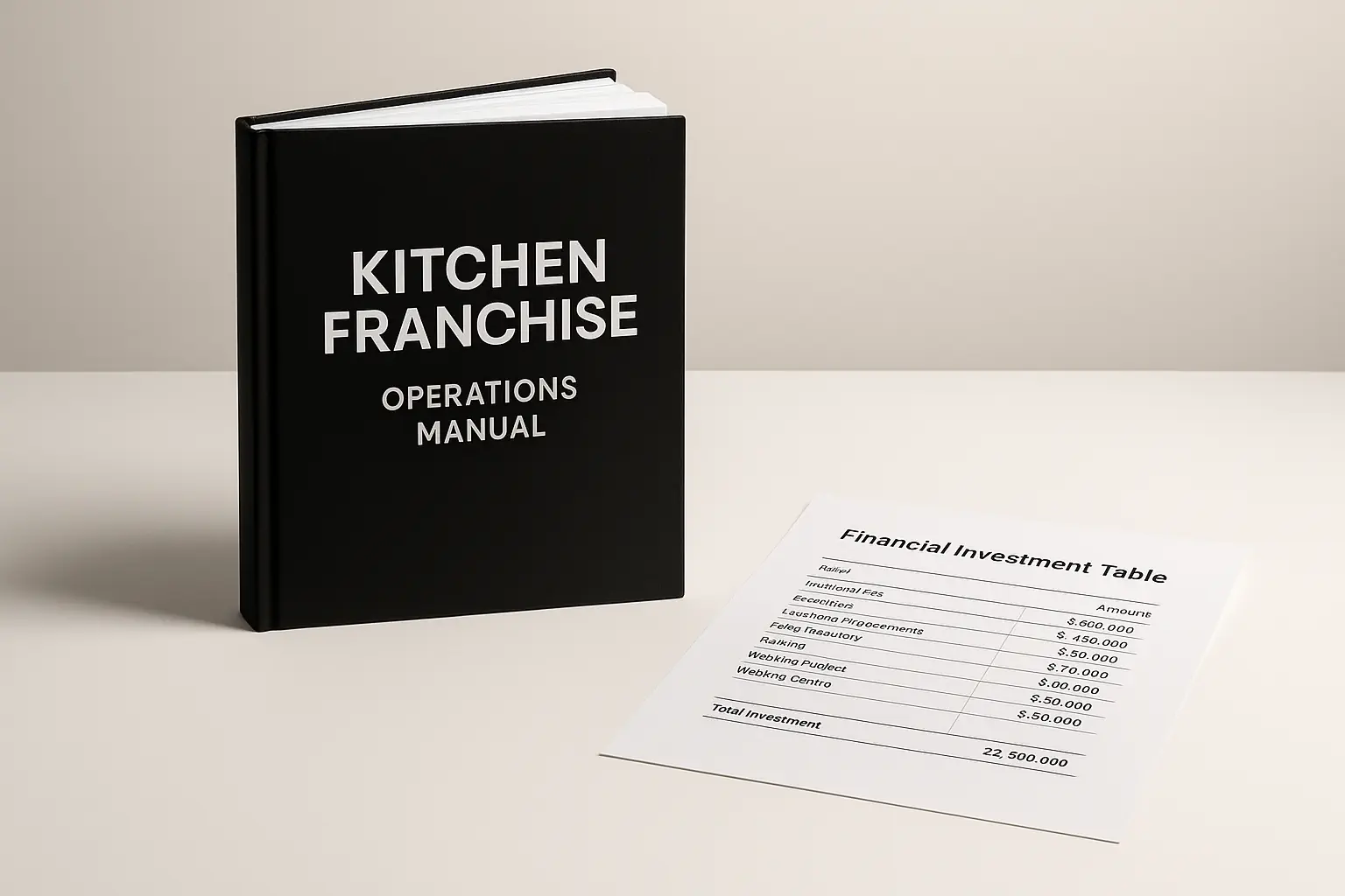 An open dark kitchen franchise operations manual and a financial investment table in Mexican pesos on a clean white table, illustrating key information for investing in dark kitchens and the future of food delivery in Mexico