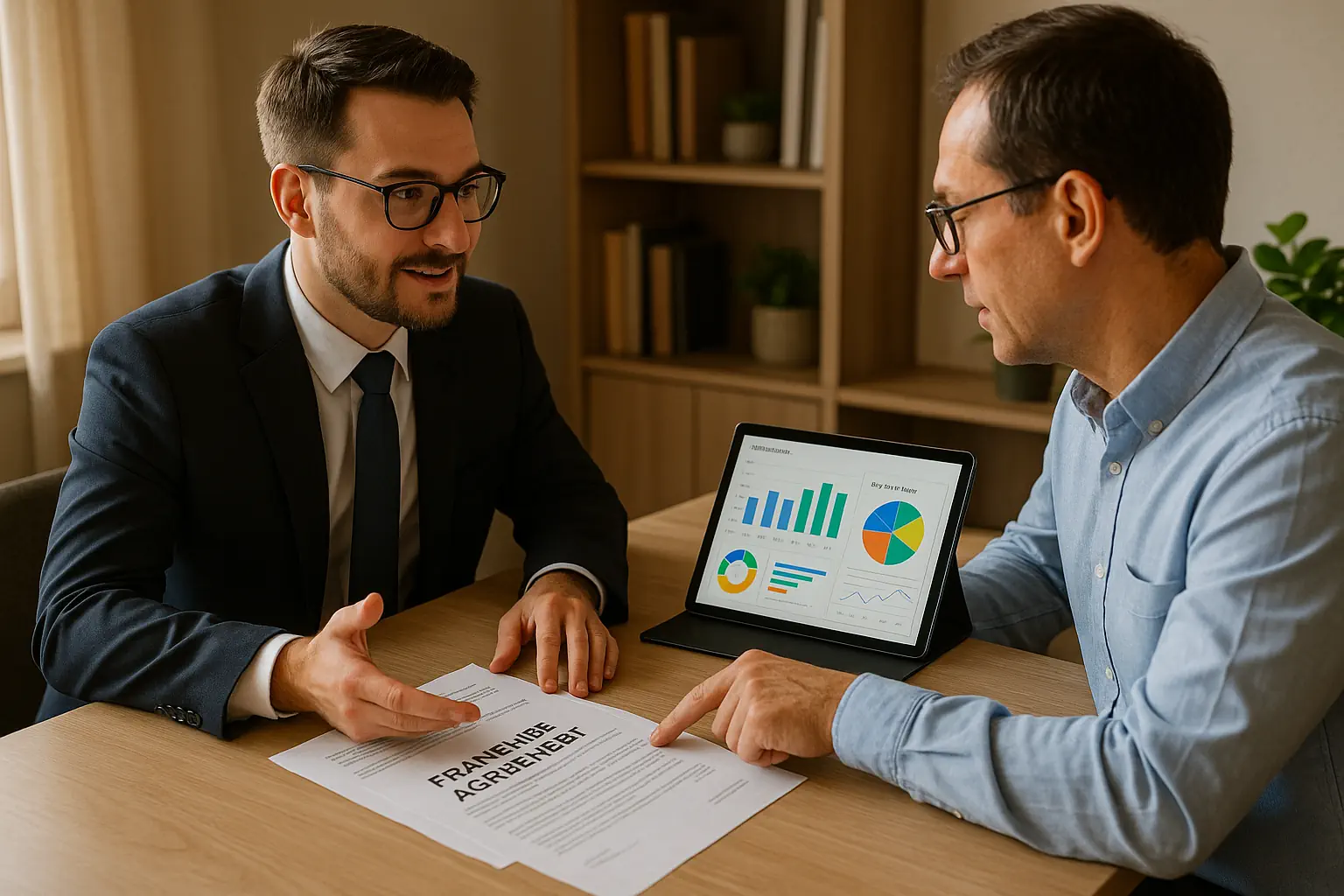 Dos profesionales en una oficina moderna discuten un contrato de franquicia y un tablero financiero, ilustrando la asesoría para encontrar franquicias rentables en México