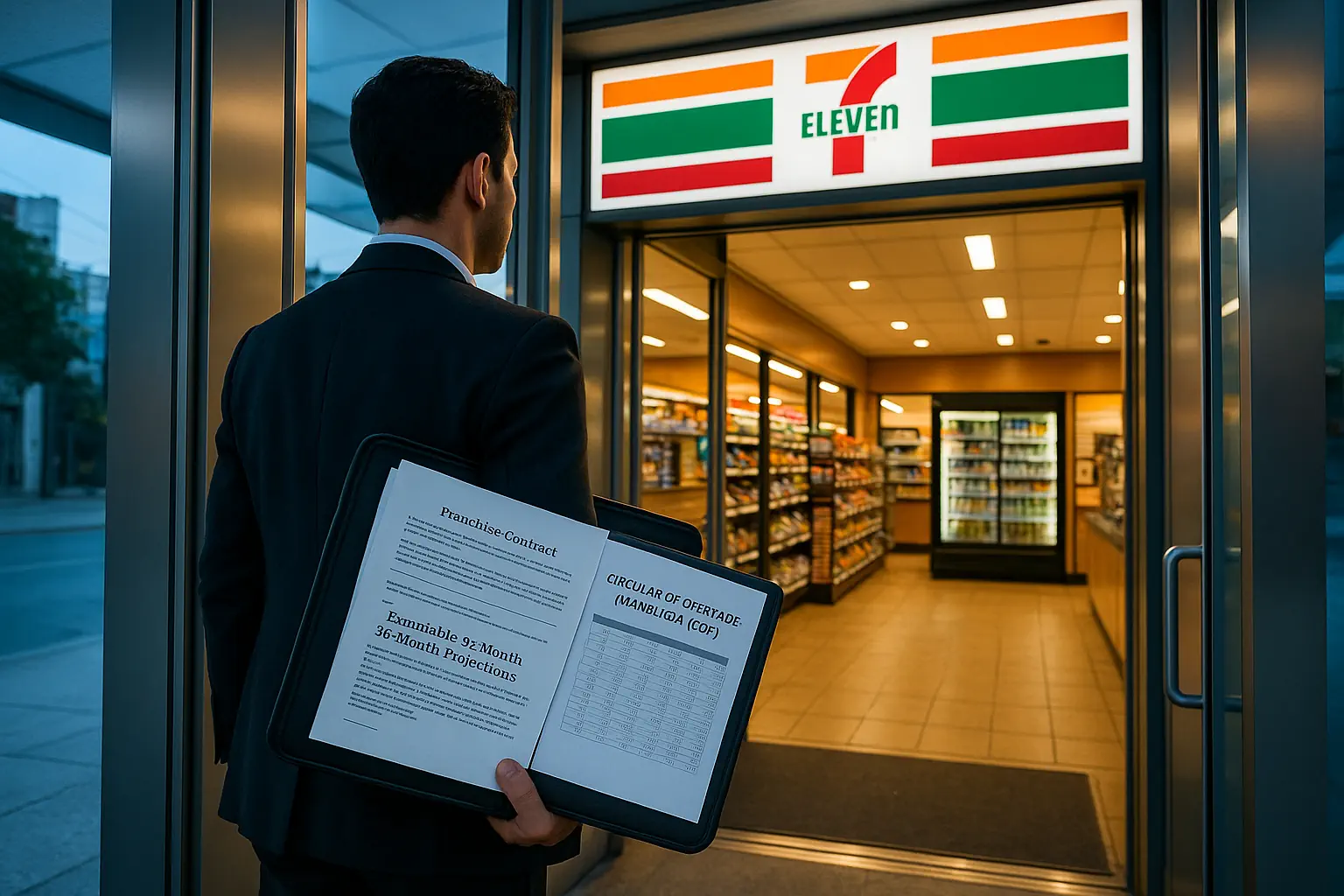 A determined entrepreneur prepares to start a 7-Eleven franchise in Mexico City, holding key documents like the franchise contract and financial projections, illustrating the careful investment process and business model considerations