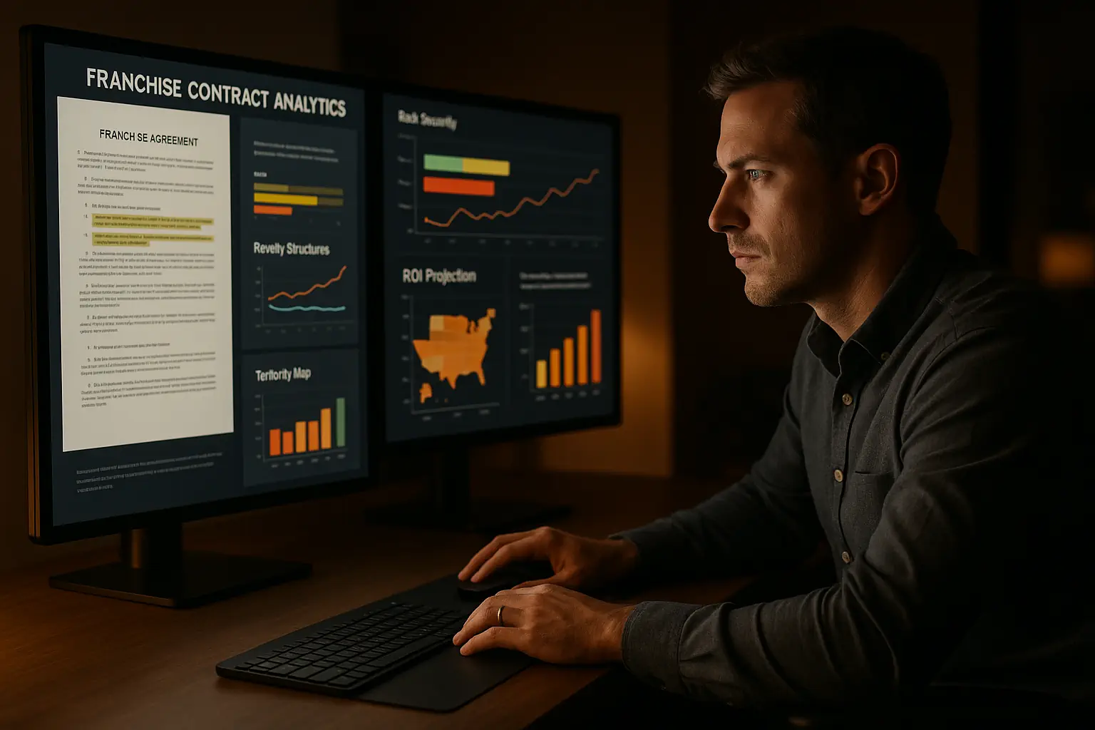 Un inversionista profesional analiza detalladamente un contrato de franquicia en pantallas múltiples, evaluando cláusulas, riesgos y proyecciones para tomar decisiones informadas antes de firmar