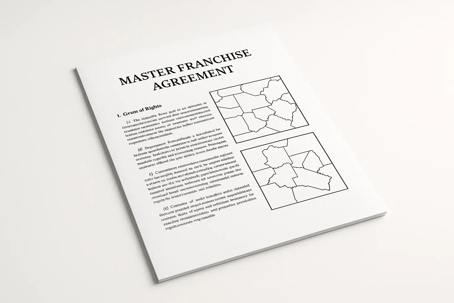 A master franquicia contract open to a page showing detailed territorial maps and clear clauses, highlighting the importance of precise territorial rights and contractual clarity for investors