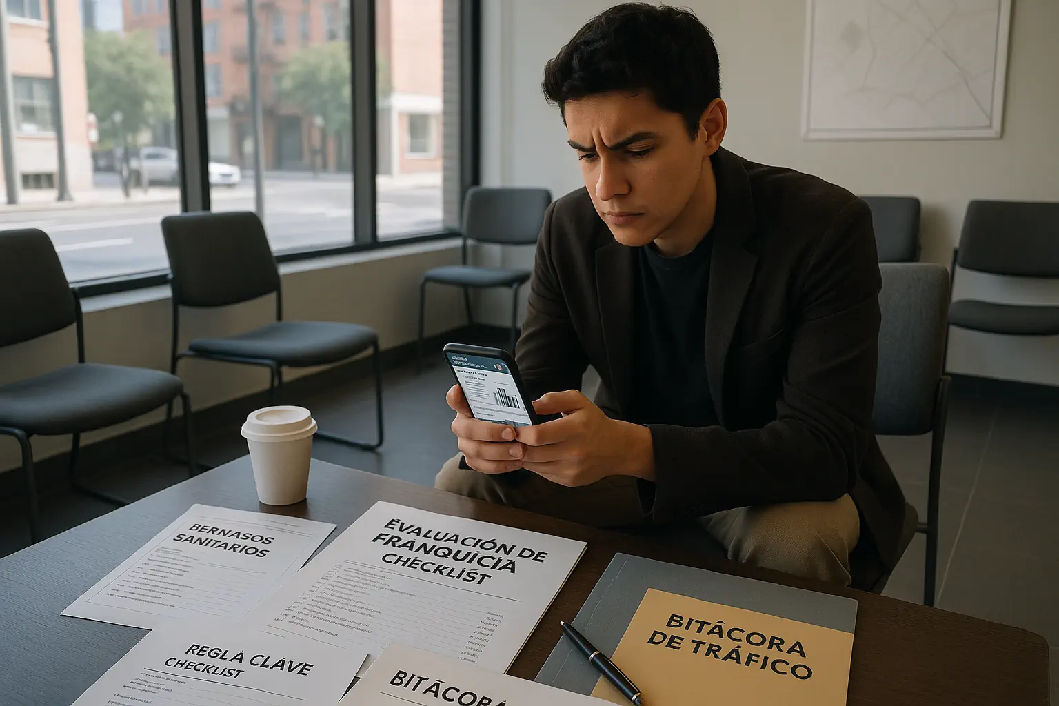 Un joven emprendedor revisa documentos y aplicaciones financieras en una sala de espera moderna, preparando la evaluación detallada para seleccionar la ubicación triple A ideal para su franquicia